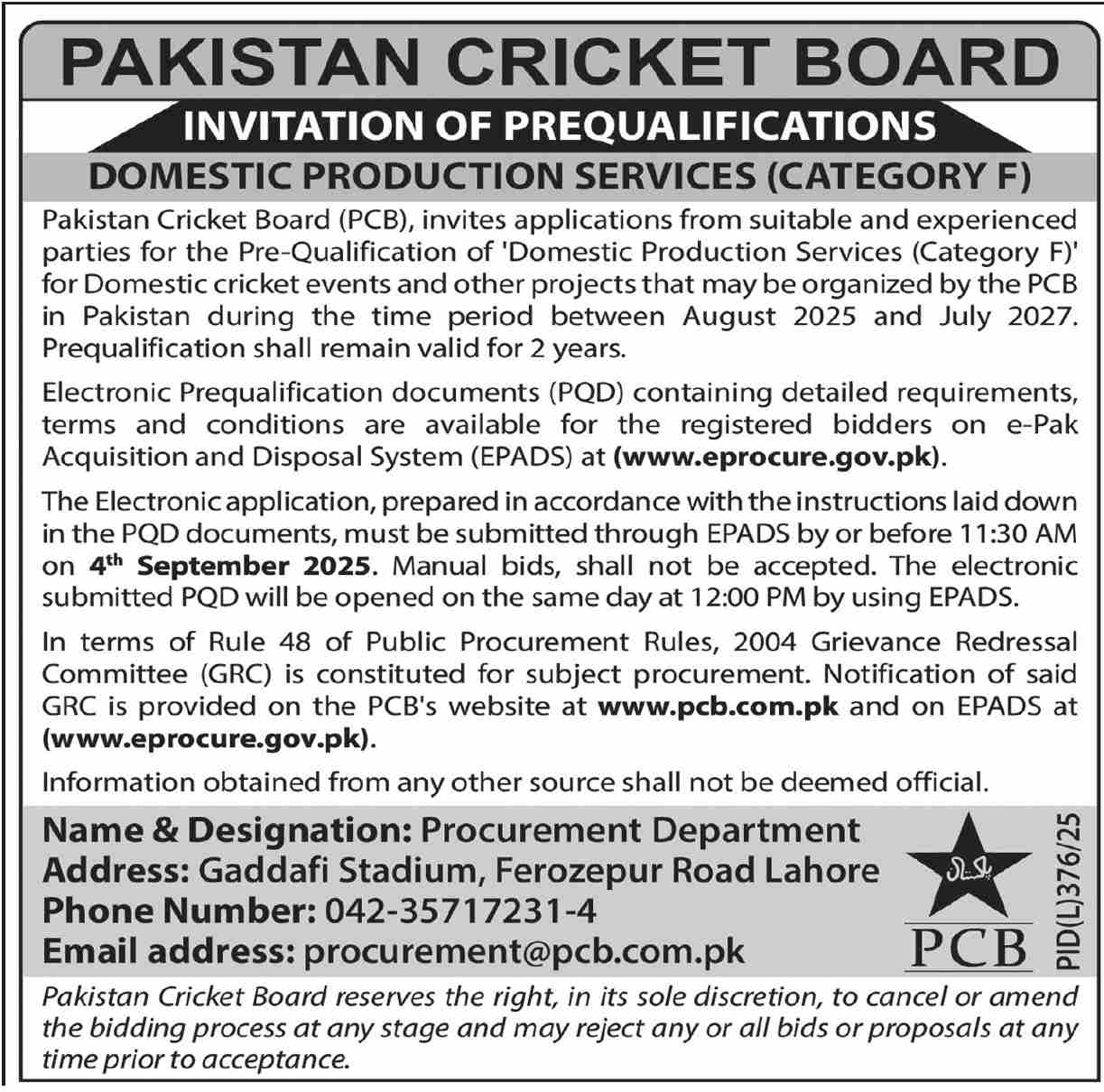 Pakistan Cricket Board Lahore Tender Notice